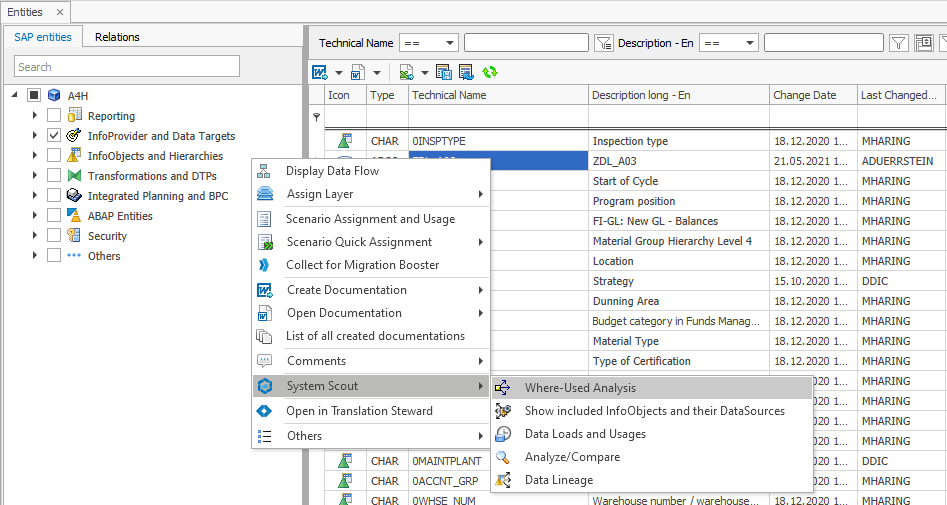 Where-used Analysis in the context menu of a BW entity