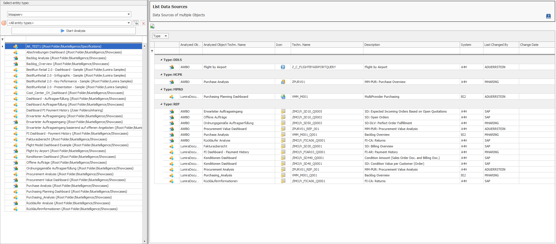 Results sorted by Object type of the Data Source