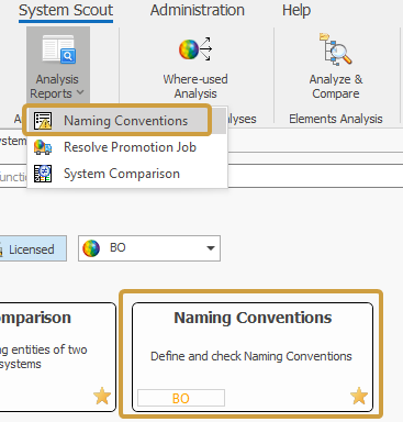 Naming Conventions in the Analysis Reports sub menu of the System Scout ribbon and in the search