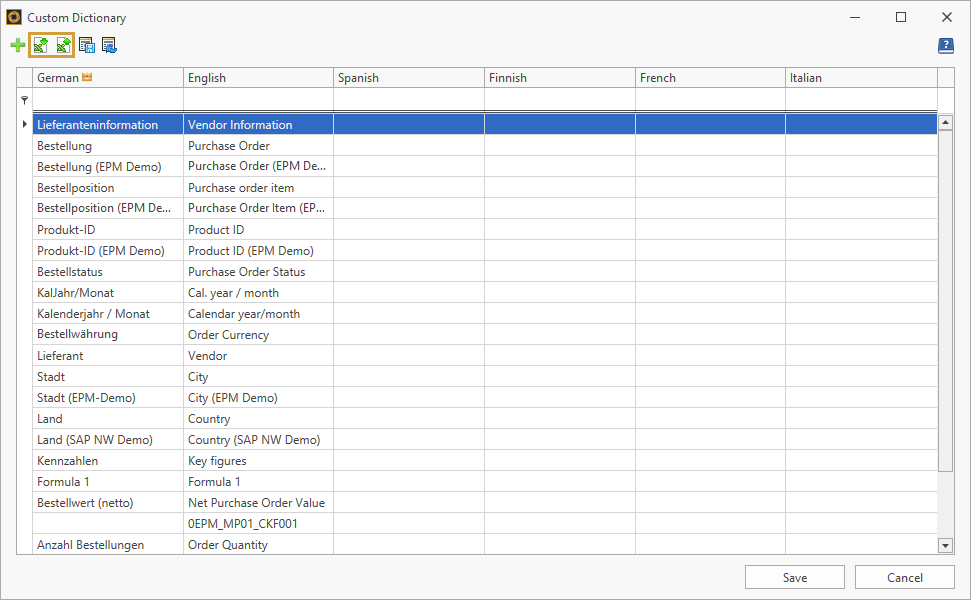 Excel im- and export button in the Dictionary toolbar