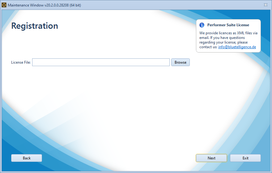 Registration window, where the new license can be loaded