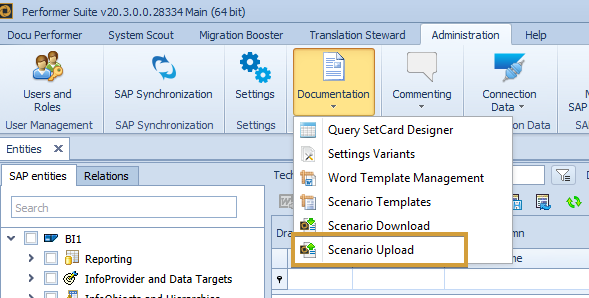 Scenario Upload in the Documentation Dropdown of the Administration Ribbon