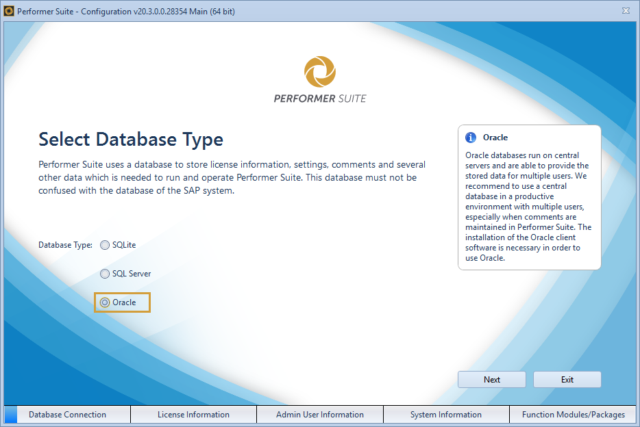 Oracle selected in the Performer Suite Configuration