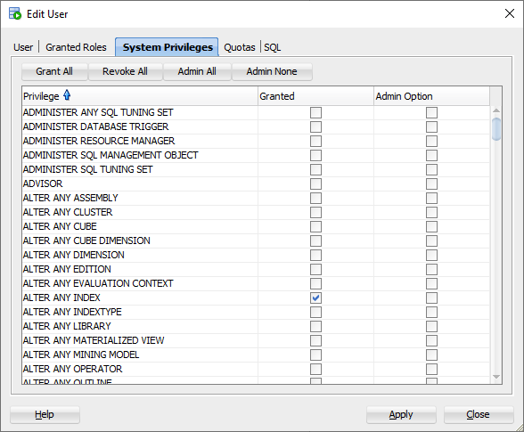 System Privileges Window