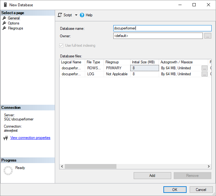 New Database window with the Database name docuperformer