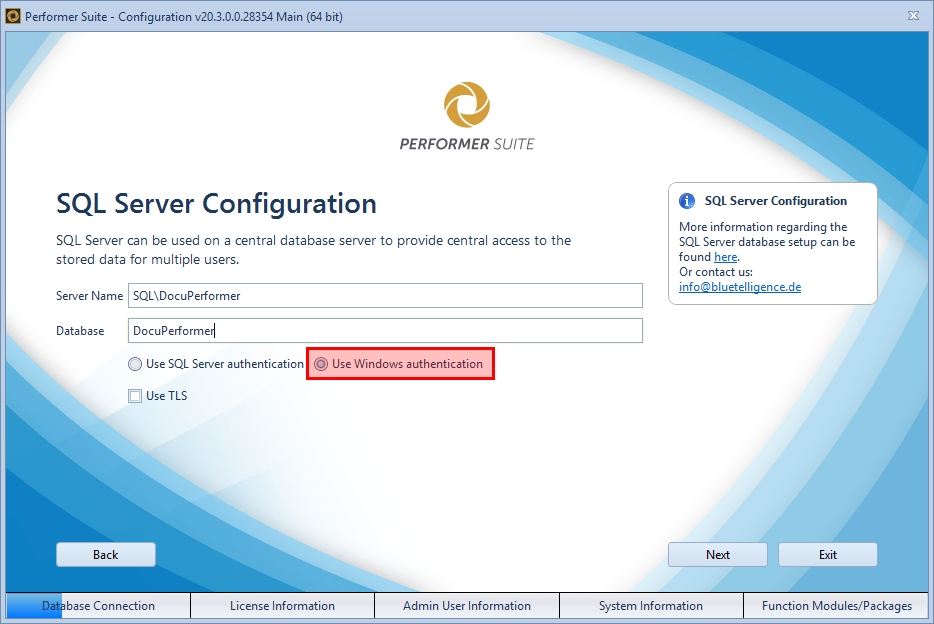 Windows authentication selected in Performer Suite SQL Server configuration