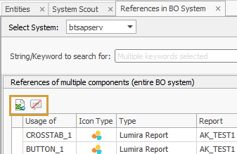 Excel export and Hide all references in comments buttons in the toolbar