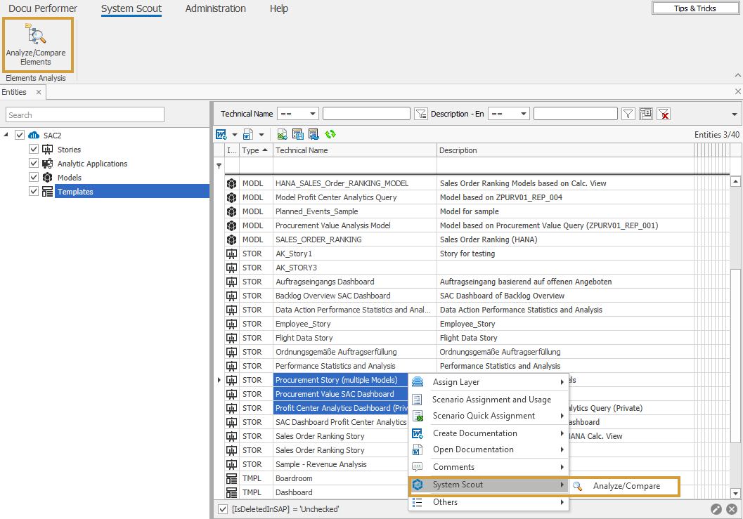 Analyze and Compare in the System Scout submenu of the context menu