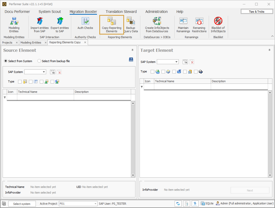 Copy Reporting Elements in the Migration Booster ribbon