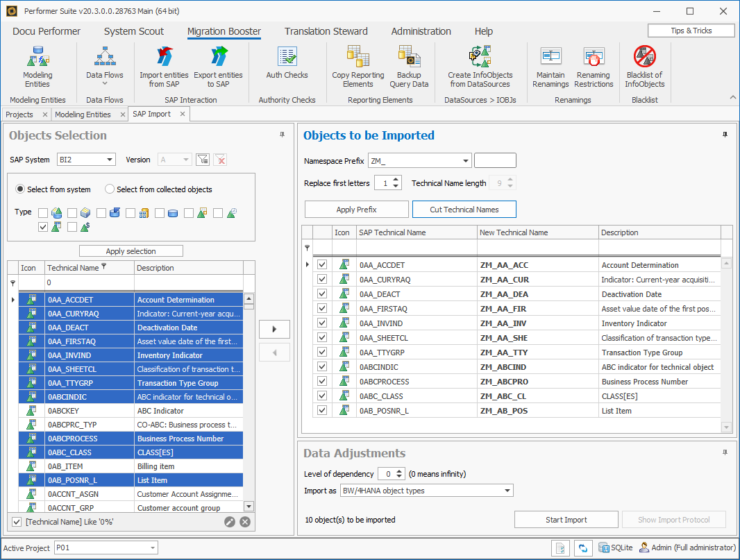 Object selection for Import from SAP into the Migration Booster