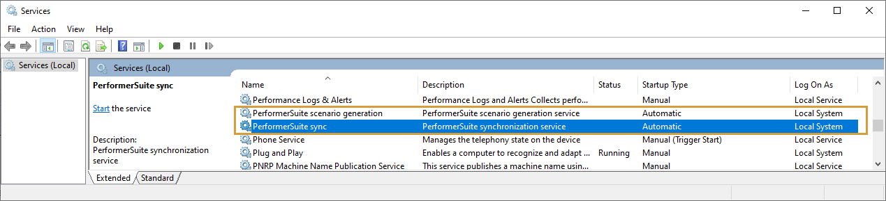 Performer Suite services in the Windows service window