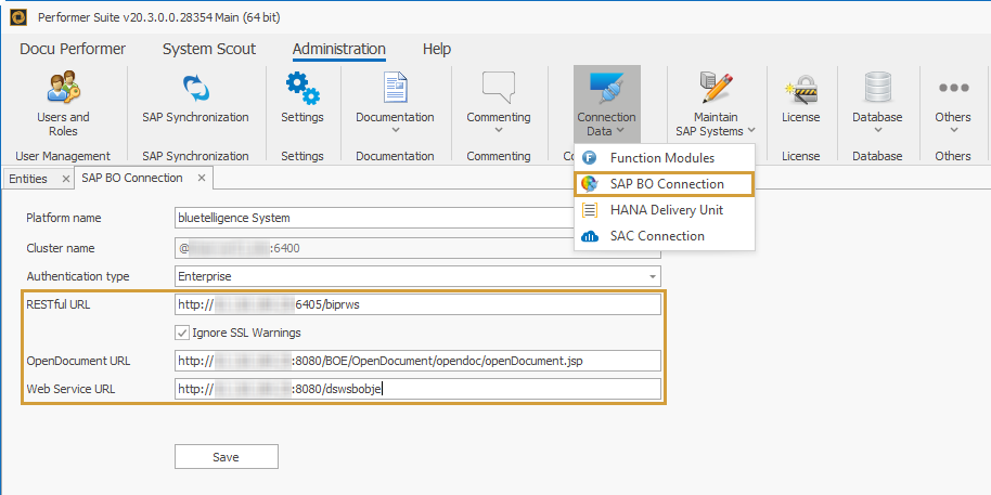 SAP BO Connection in the Connection Data dropdown of the Administration Ribbon