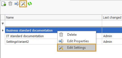 Edit button to edit a Settings Variant in the toolbar and the context menu of a variant