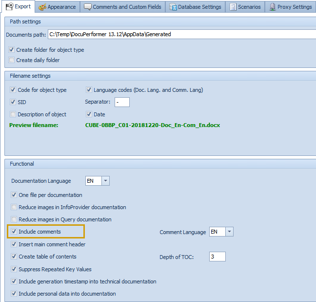 Include comments option in the Export settings