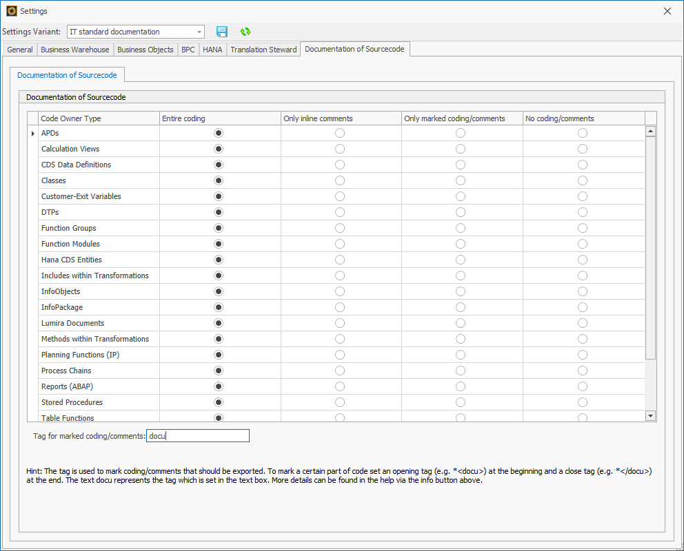 Matrix to select which part of the Sourcecode should be documented for all object types