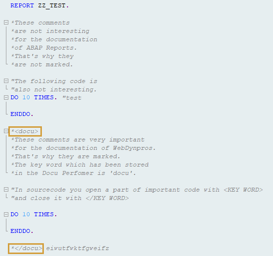 Sourcecode in ABAP editor with a segment marked for the documentation