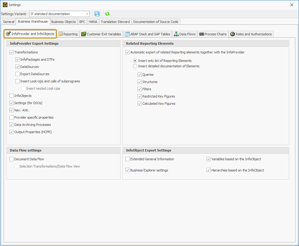 InfoProvider and InfoObjects settings in the Business Warehouse tab of the settings