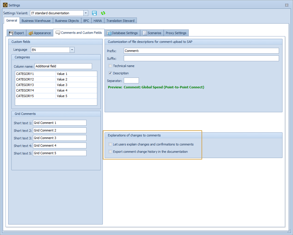 Settings to explain comment changes in the comments tab of the general settings