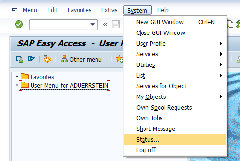 Status in the System dropdown of the SAP GUI