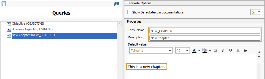 Editor to adjust technical name, Description and initial content of a comment chapter