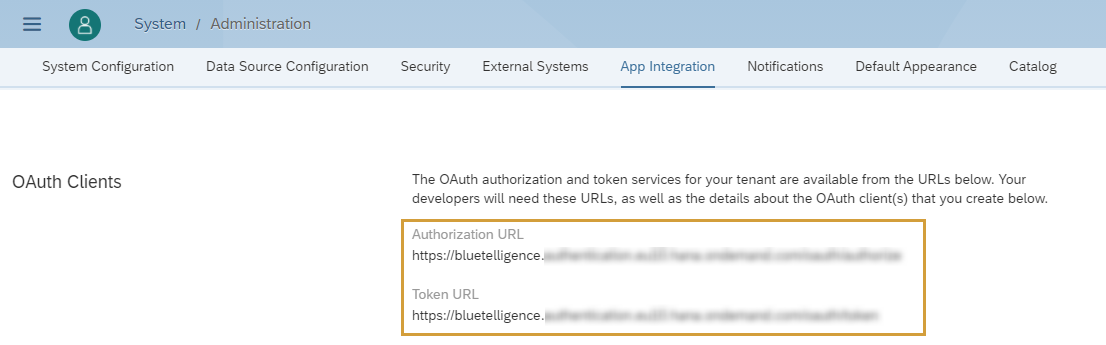 URLs in the App Integration tab of the System Administration of the SAC
