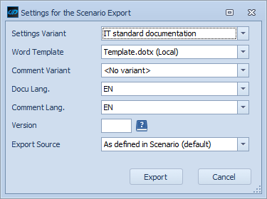 Export settings including settings variant, word template and languages