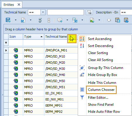 Column Chooser in the context menu of the column header