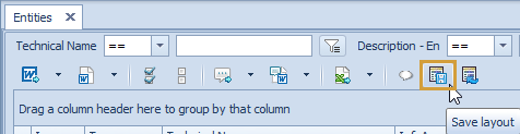 Save Layout button in the toolbar of the main entity grid