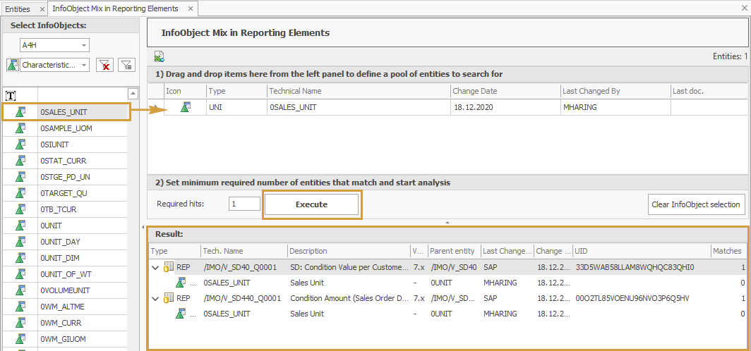 Characteristic added to the workspace and two Queries containing it as the result