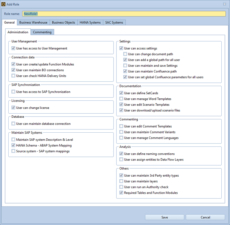 Overview of the Administration section of the role authorizations