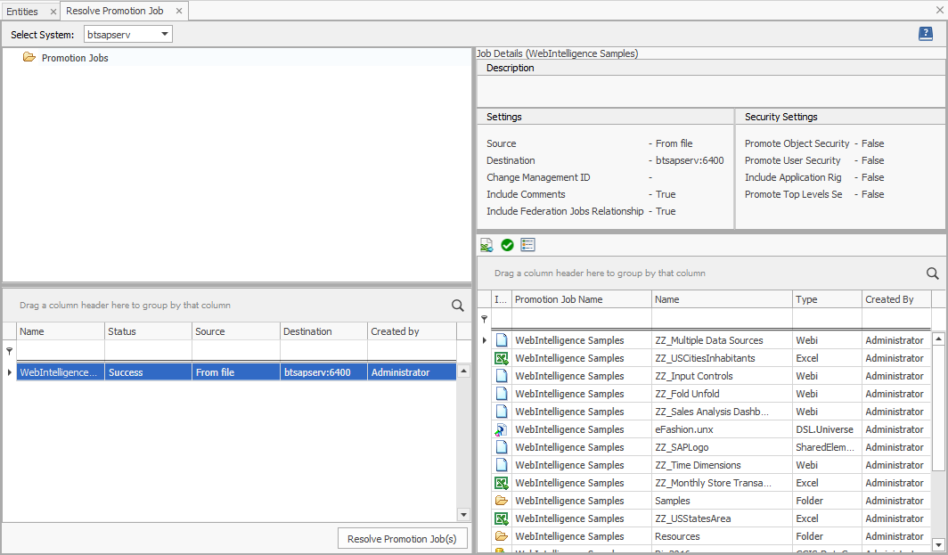 Selection of the Promotion Job on the left and included objects on the right side