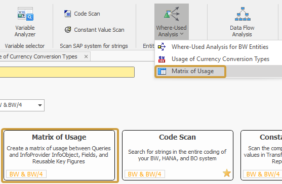 Matrix of Usage in the Where-used dropdown of the System Scout ribbon and search
