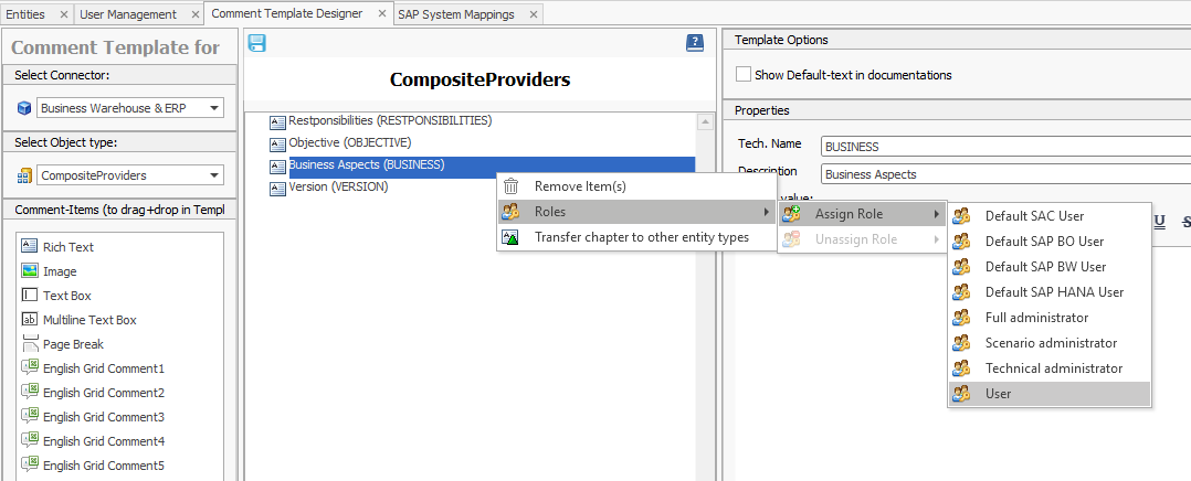 Role Assignment via the context menu of a comment chapter