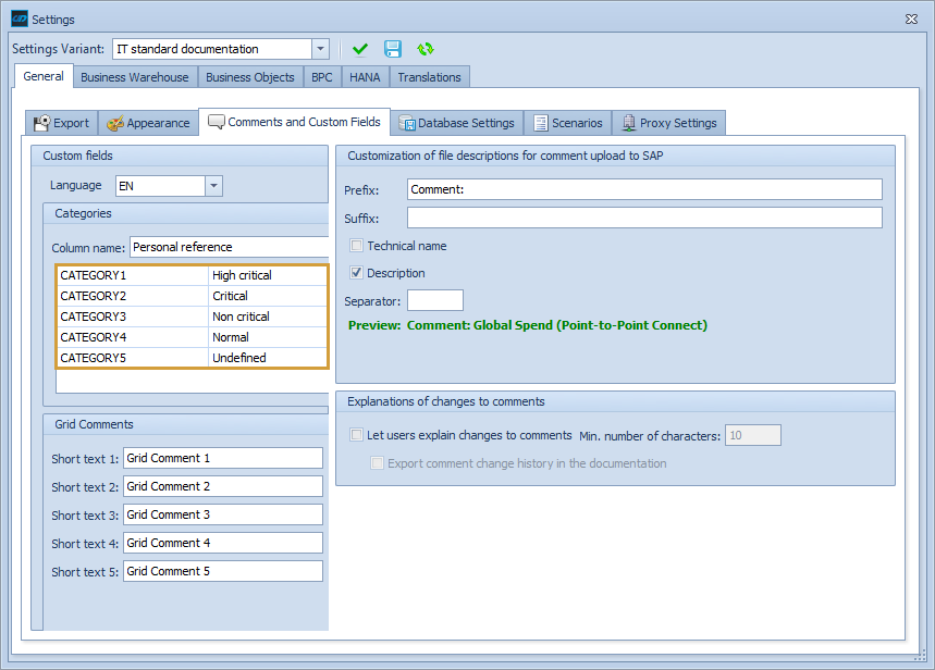 Column Name for custom column set to Personal reference and Category 1 to 5 set to different criticallity statuses