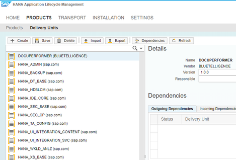 Delivery Units area in the HANA Application Lifecycle Management