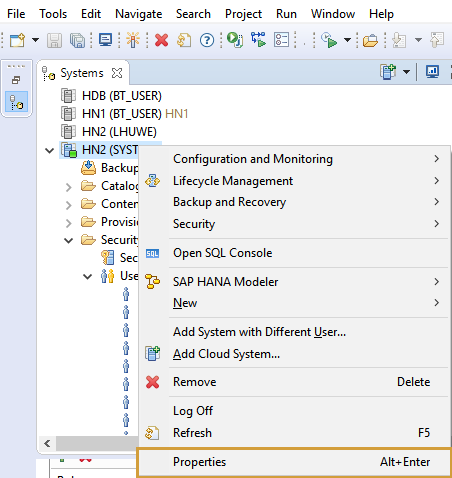 Properties in the context menu of the development system in HANA Studio