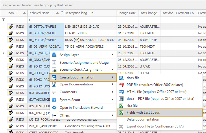 Fields with last loads documentation in the context menu of DataSources