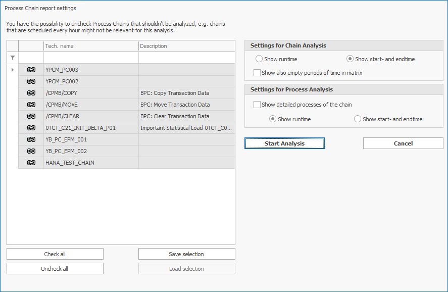 Selection of Process chains and what to be shown in the matrix