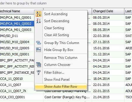 Auto Filter Row in the context menu of the column header