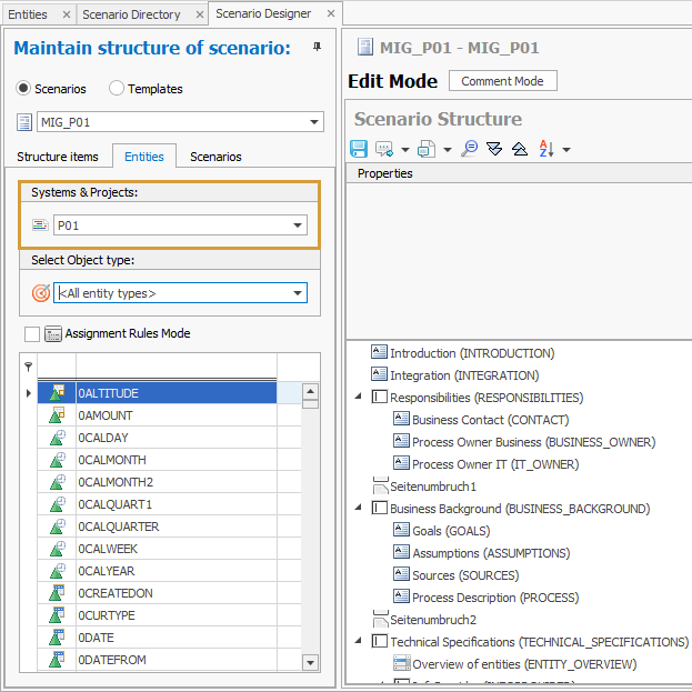Migration project selected as object source for the scenario