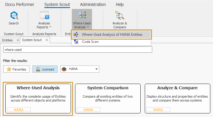 Where-used Analysis in the System Scout ribbon and in the search
