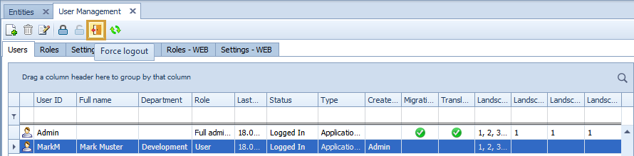 user area with highlighted force logout button