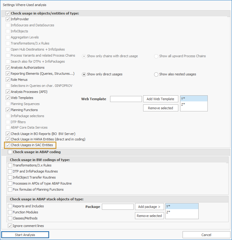 Check Usage in SAC Entities option in the Where-used dialog