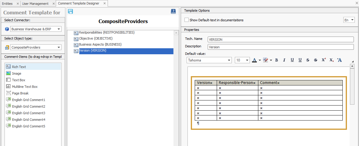Table as initial content in the Comment template of Composite Providers
