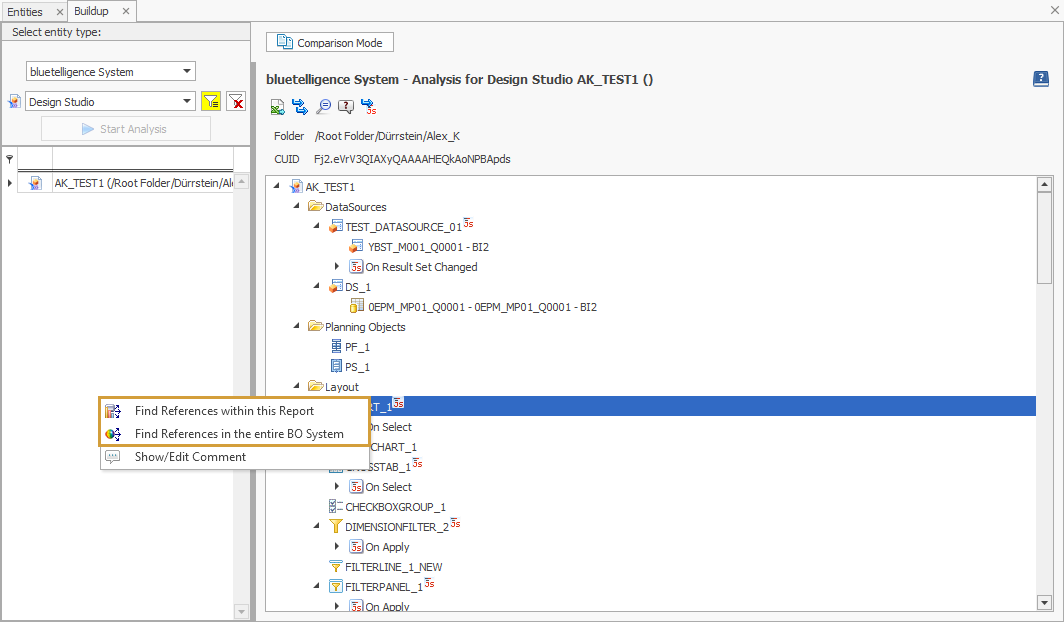 Find References options in the context menu of a component in the Buildup of a Design Studio Report