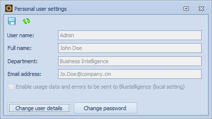 Personal User Settings including User Name, Full Name, Department and E-Mail adress