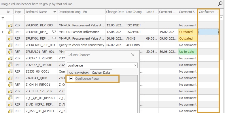 Confluence Page column in the column chooser