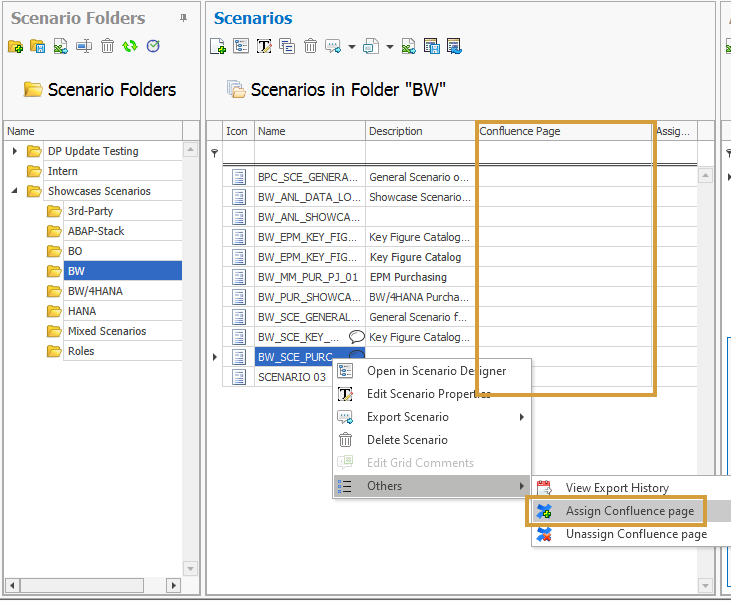 Confluence Page column and column chooser in the Scenario Directory