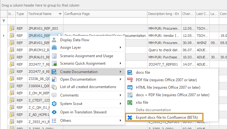 Export documentation to Confluence in the Documentation submenu of the context menu