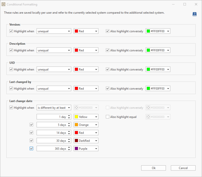 window to specify which differences should be highlighted, including Version, Description, UID and Change Date